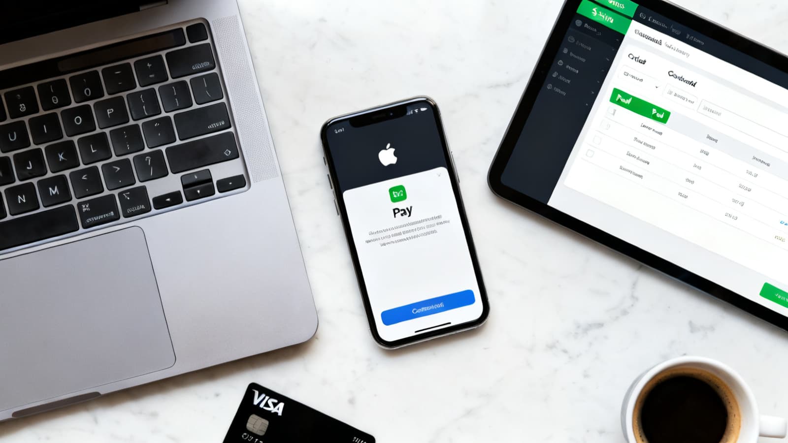 Крупный план современной e-commerce страницы оплаты на Retina-экране ноутбука: кнопки Apple Pay, Visa, Mastercard и American Express над hosted checkout-сессией Qist, рядом на светлом деревянном столе — аппаратный крипто-кошелёк и чёрная карта. Карточный UX для пептидного магазина.