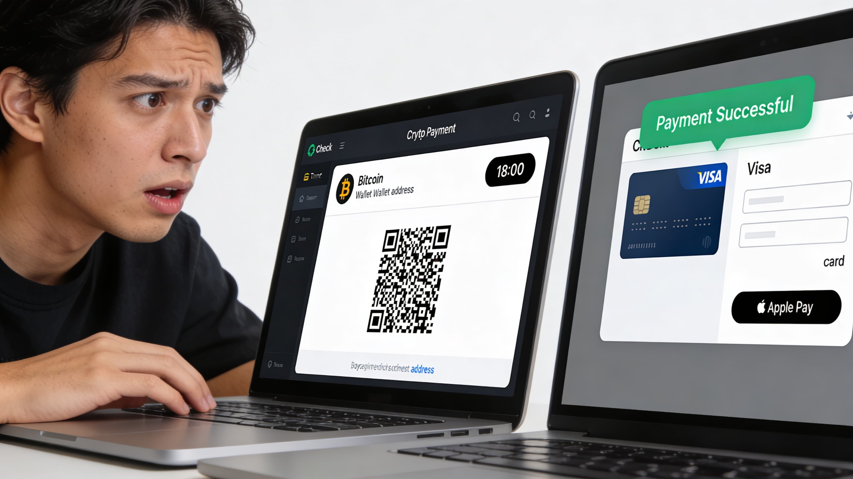 Side-by-side checkout comparison: left shows a NowPayments crypto-address invoice with a countdown timer; right shows a Qist hosted checkout with a Visa card form and Apple Pay button — the UX difference between a crypto-only gateway and a fiat-to-crypto alternative.
