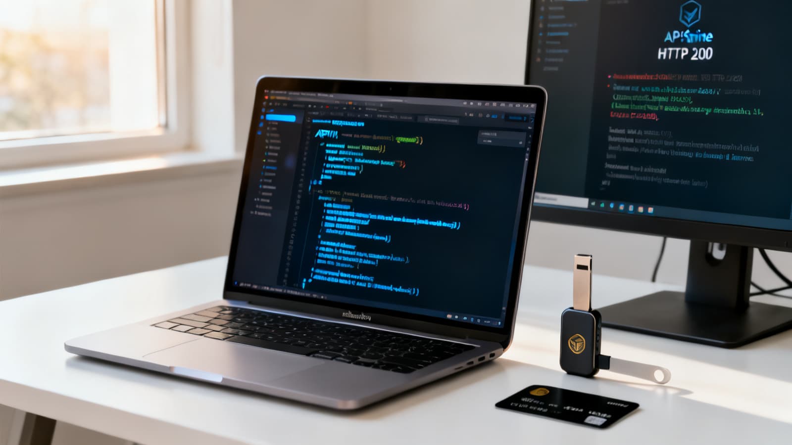 MacBook Pro на чистом белом столе: в редакторе кода — TypeScript-интеграция API, на втором мониторе — HTTP 200 success response, рядом на столе аппаратный крипто-кошелёк и чёрная карта. Сетап разработчика для интеграции peptide payment-процессора.